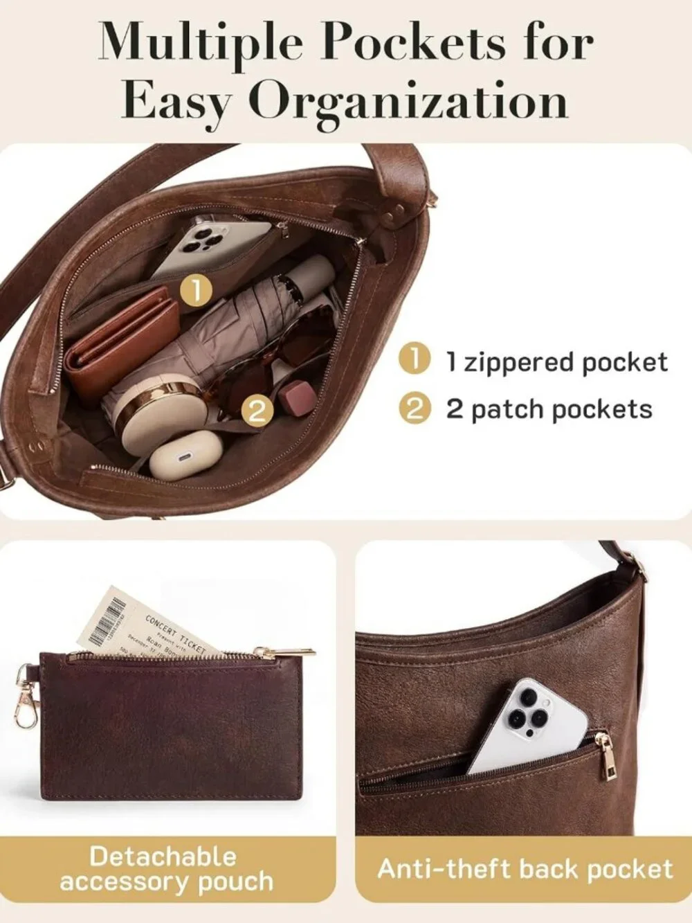 Stylish PU Leather Hobo Bag for Women | Multi-Pocket Crossbody Tote Handbag
